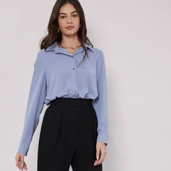 Blue Button Down Blouse Med Lg - Picture 3 of 5